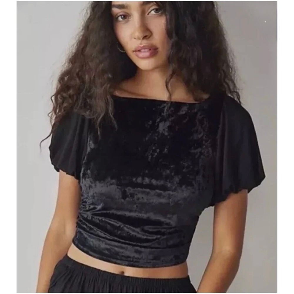 Free People Black Velvet Mesh Puff Sleeve Cutout Back Crop Top Whimsigoth-XL
